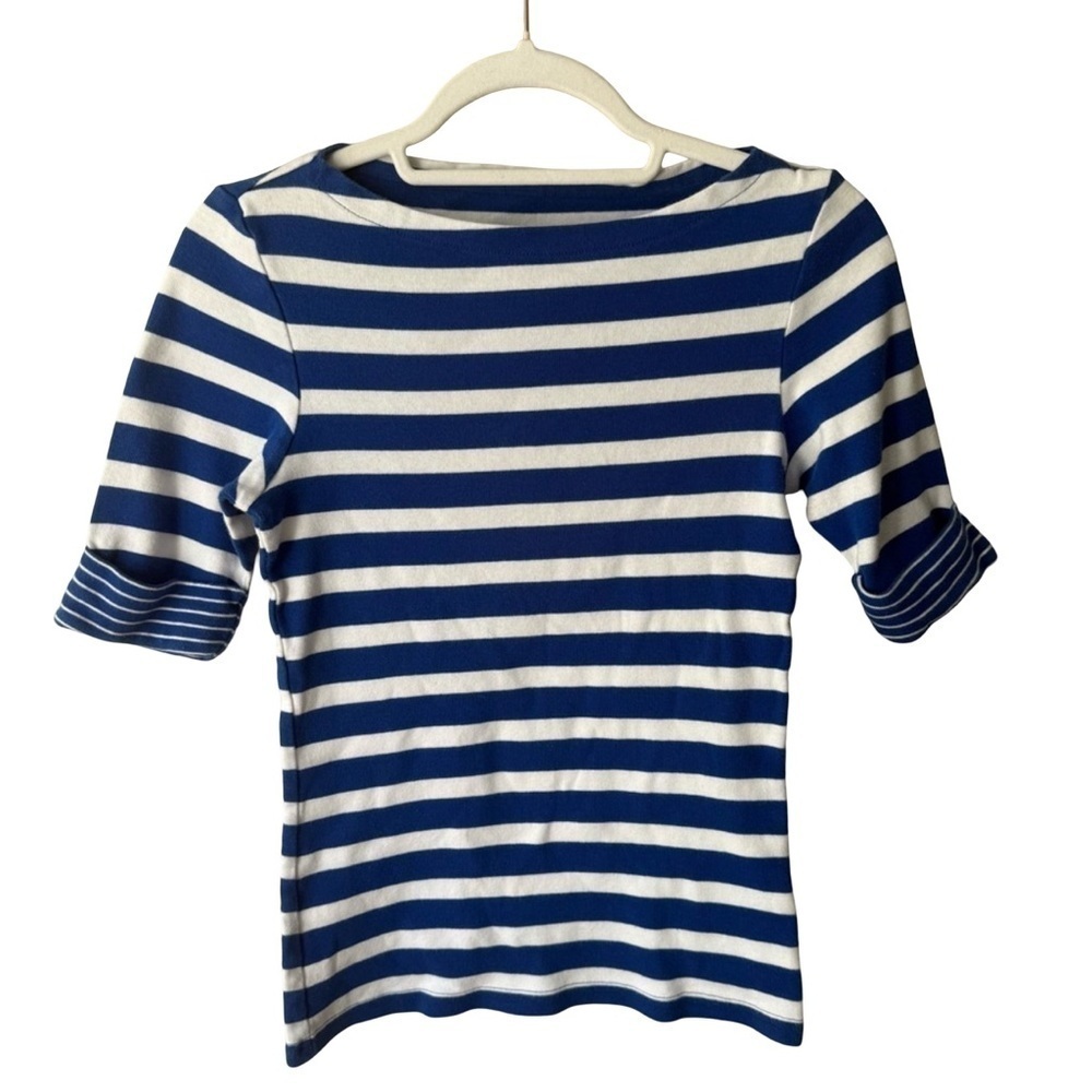 Blue and White Ribbed T-Shirt with 3/4 Cuffed Sleeves